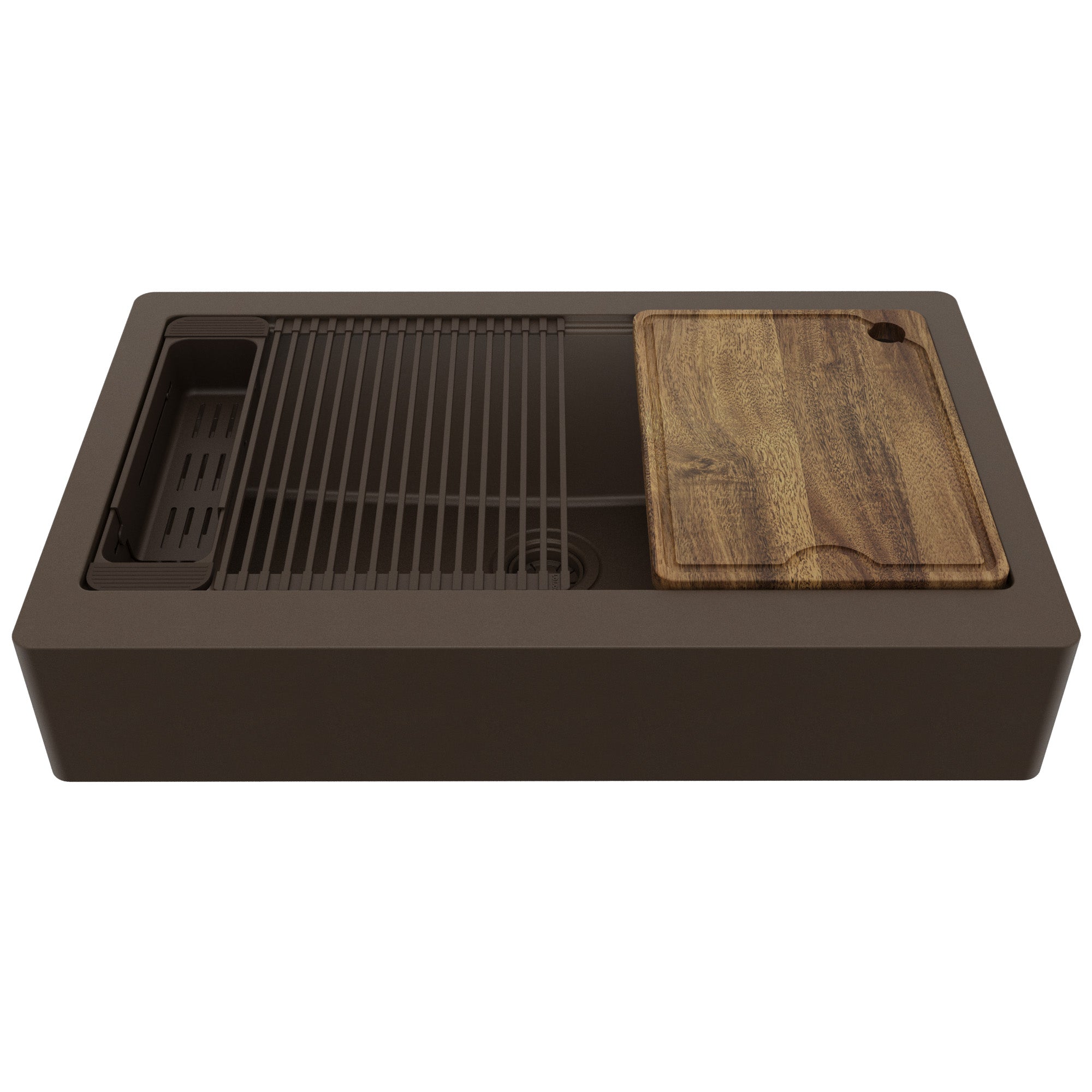 34" Apron Front Single Bowl Quartz Kitchen Sink Kit In Brown
