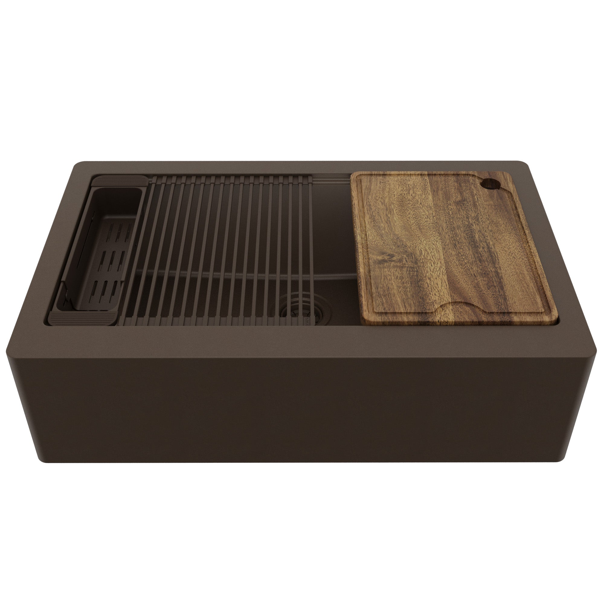 34" Deep Apron Front Single Bowl Quartz Kitchen Sink Kit In Brown