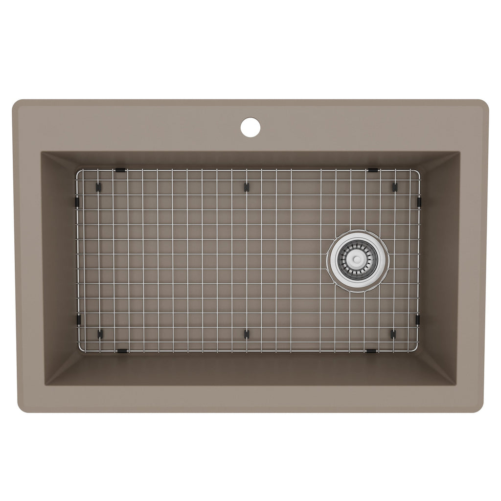 33" Top Mount Large Single Bowl Quartz Composite Kitchen Sink Kit In Concrete