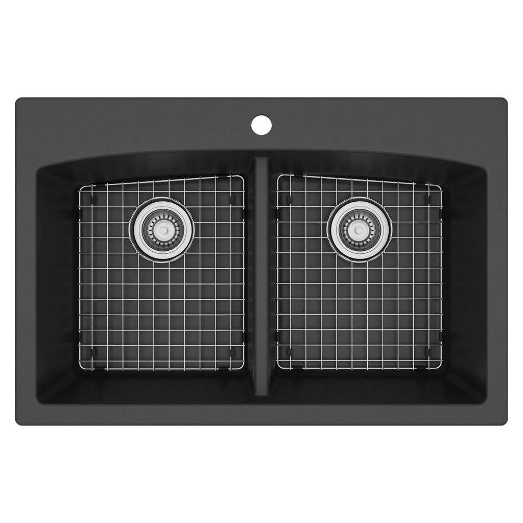 33" Top Mount Double Equal Bowl Quartz Composite Kitchen Sink Kit In Black