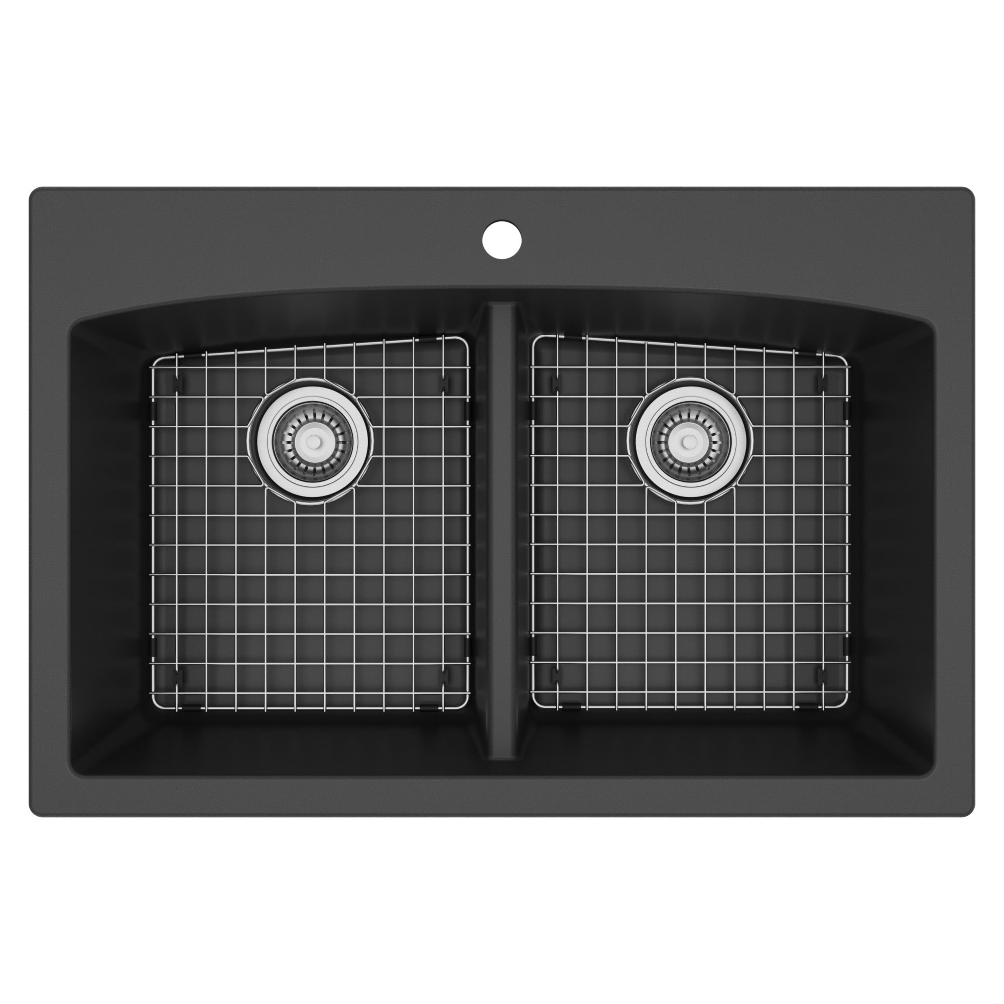 33" Top Mount Double Equal Bowl Quartz Composite Kitchen Sink Kit In Black