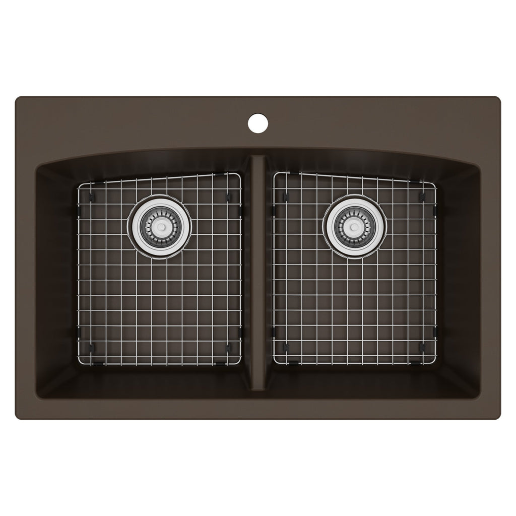 33" Top Mount Double Equal Bowl Quartz Composite Kitchen Sink Kit In Brown