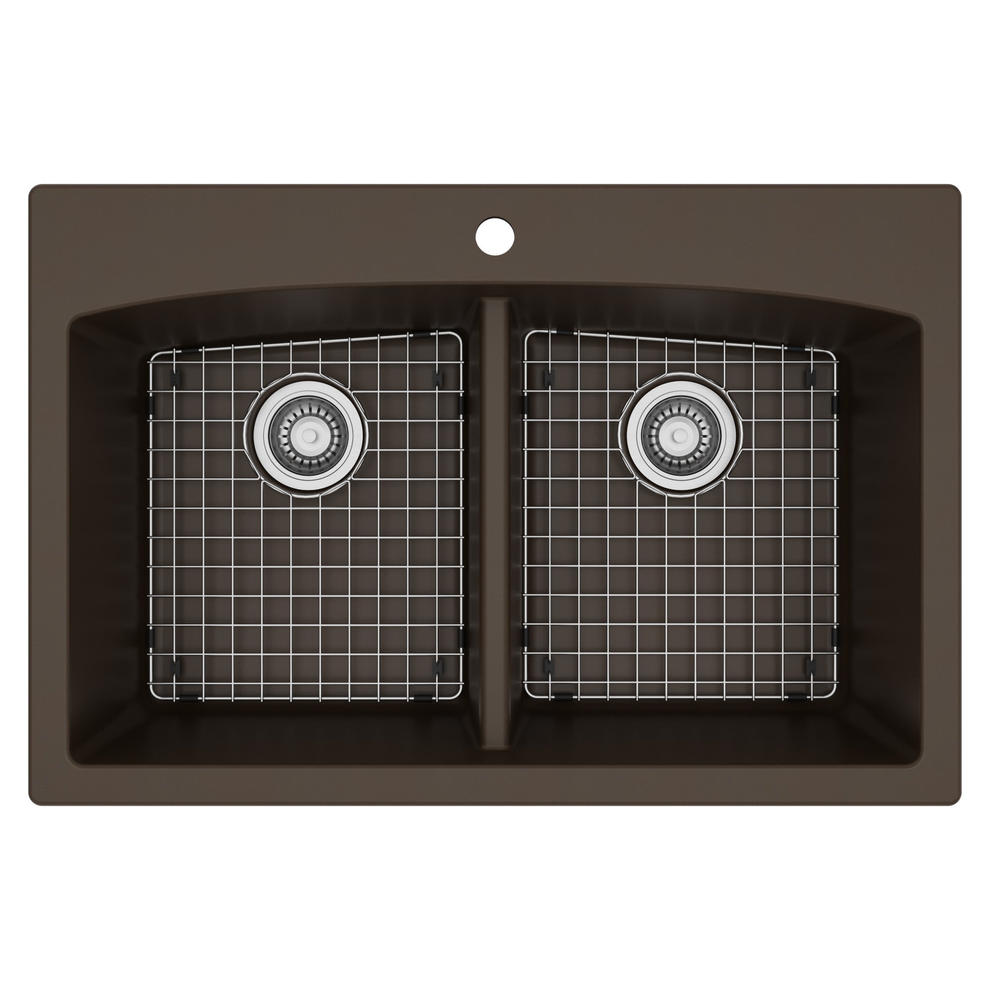 33" Top Mount Double Equal Bowl Quartz Composite Kitchen Sink Kit In Brown