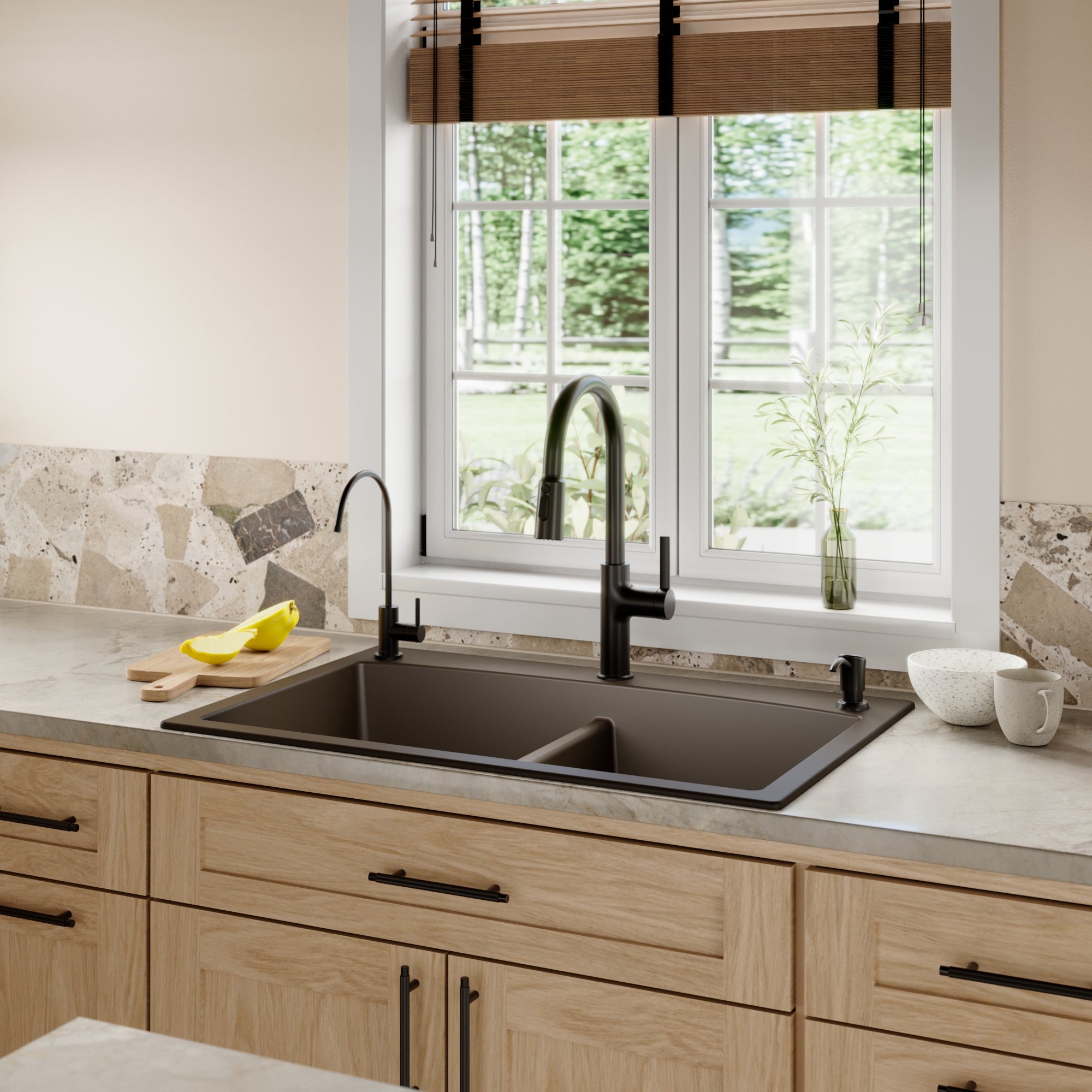 33" Top Mount Double Equal Bowl Quartz Composite Kitchen Sink In Brown
