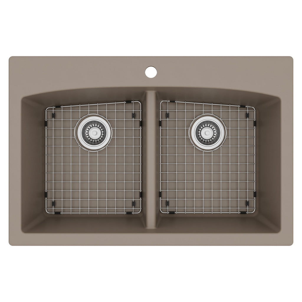 33" Top Mount Double Equal Bowl Quartz Composite Kitchen Sink Kit In Concrete