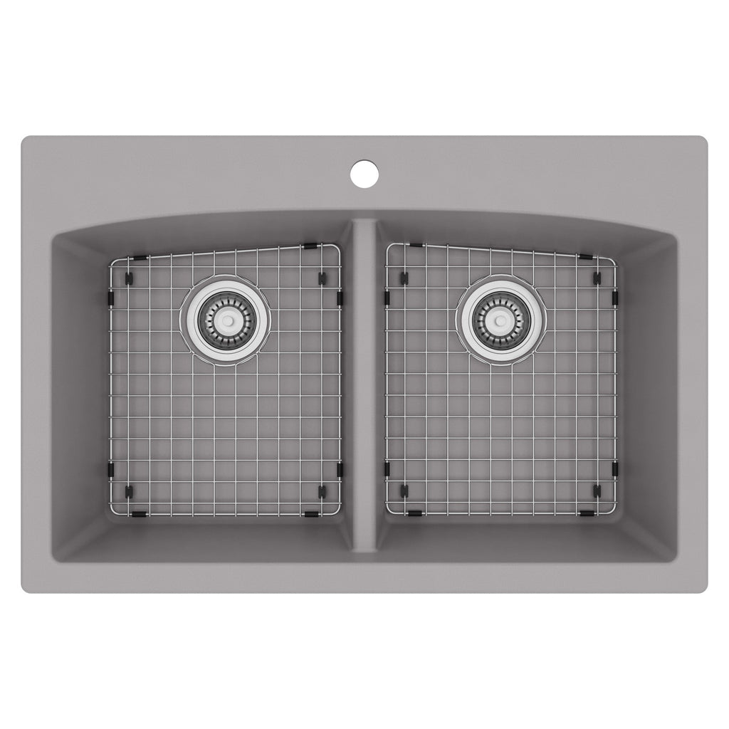 33" Top Mount Double Equal Bowl Quartz Composite Kitchen Sink Kit In Grey