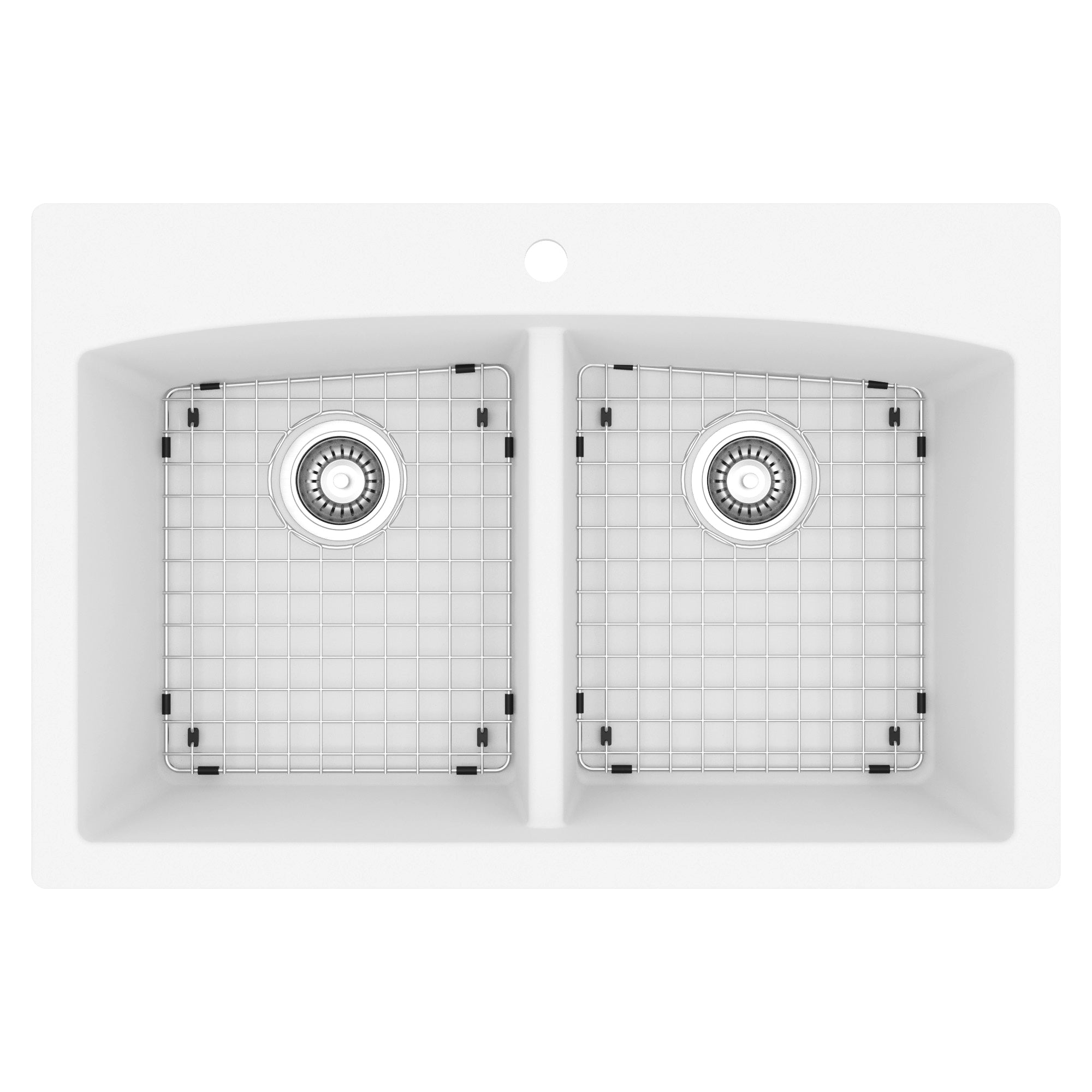 33" Top Mount Double Equal Bowl Quartz Composite Kitchen Sink Kit In White