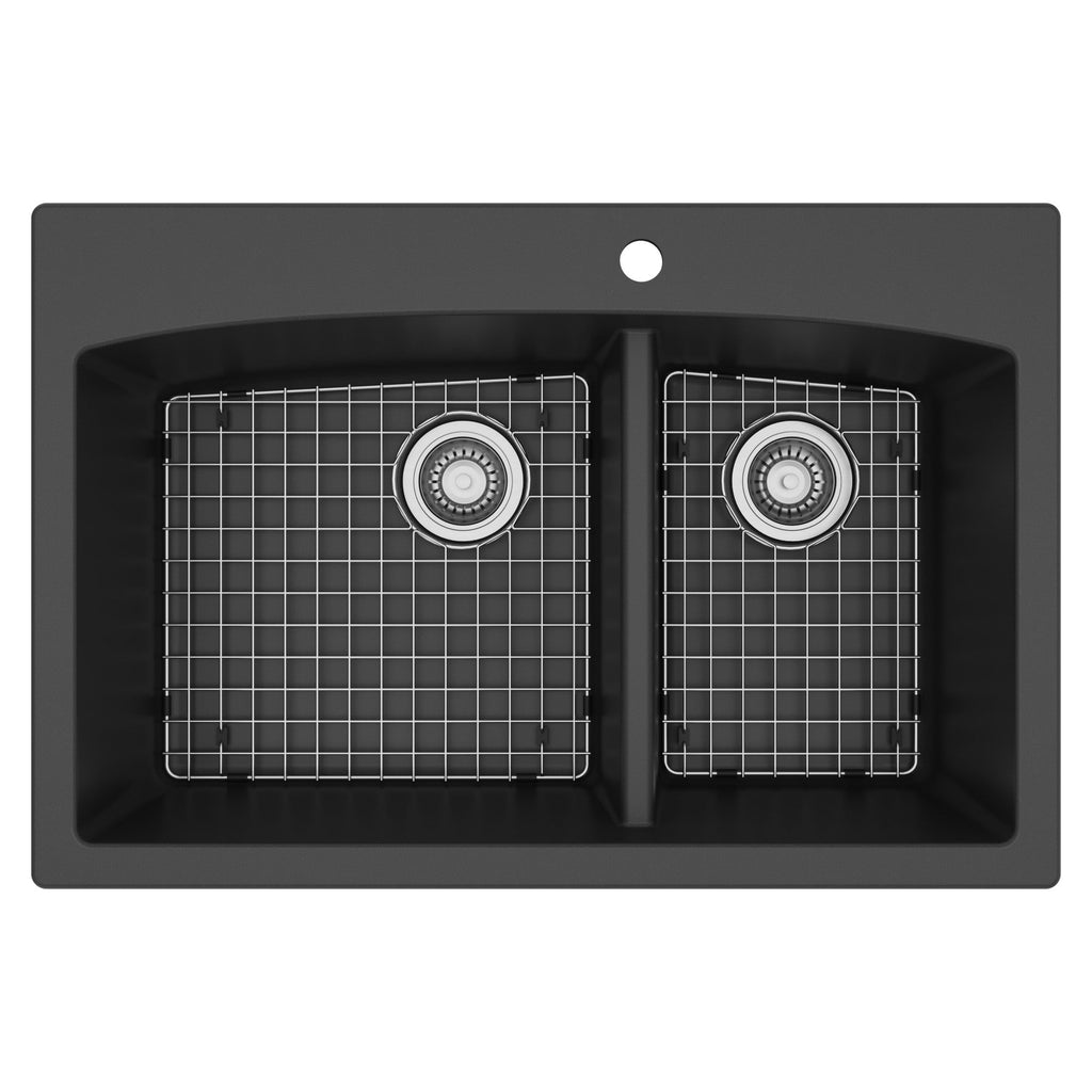 33" Top Mount Double Offset Bowl Quartz Composite Kitchen Sink Kit In Black