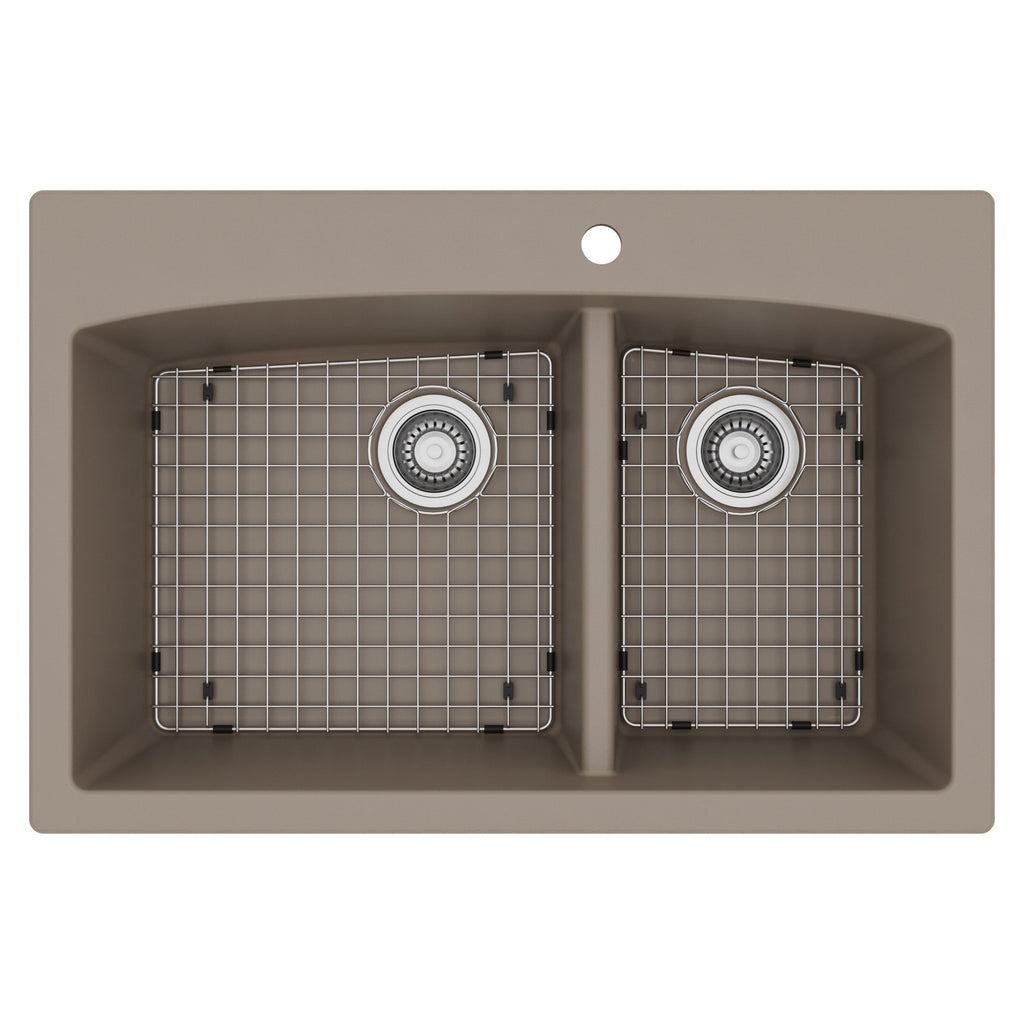 33" Top Mount Double Offset Bowl Quartz Composite Kitchen Sink Kit In Concrete