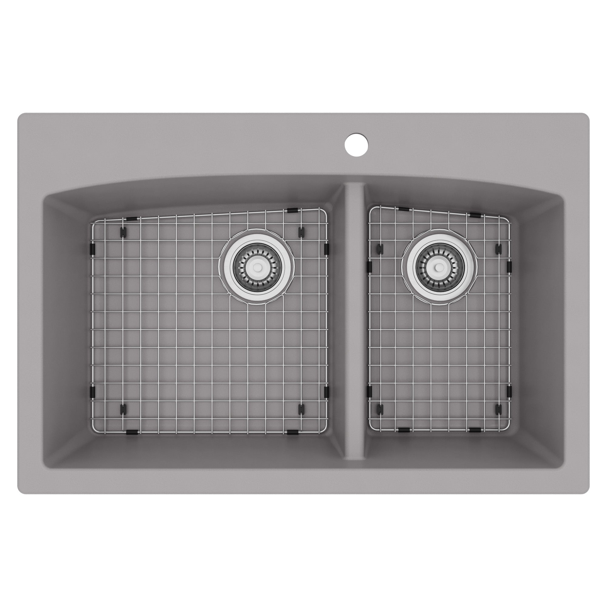 33" Top Mount Double Offset Bowl Quartz Composite Kitchen Sink Kit In Grey