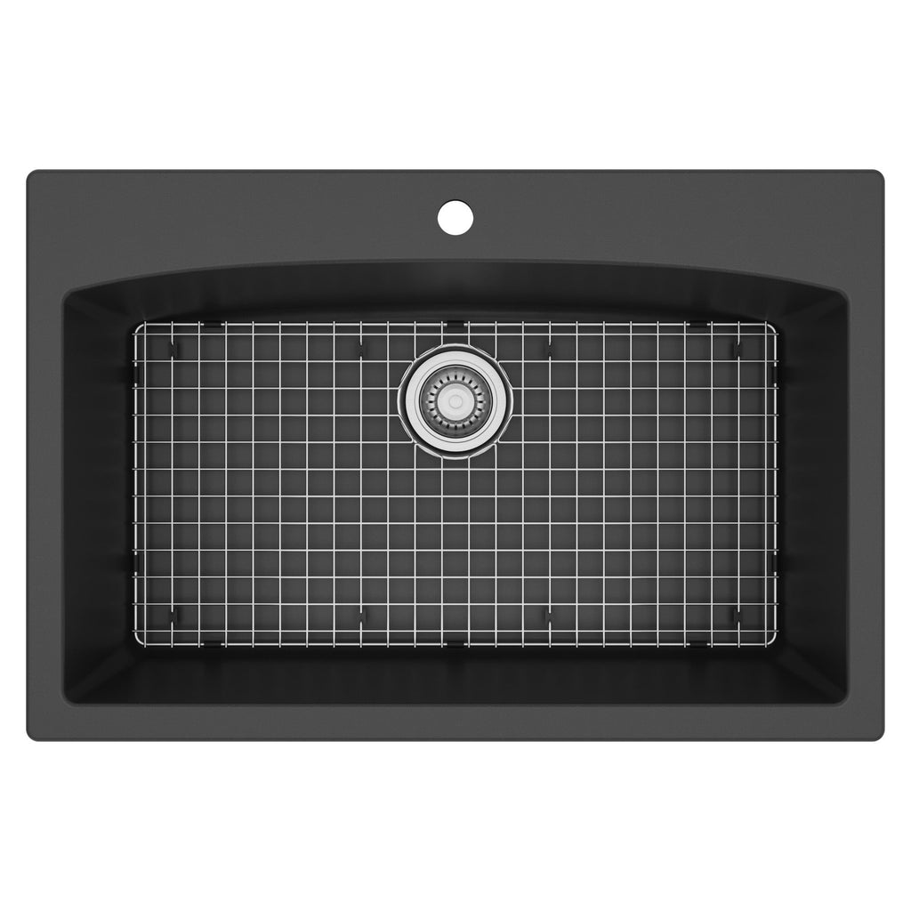 33" Top Mount Large Single Bowl Quartz Composite Kitchen Sink Kit In Black