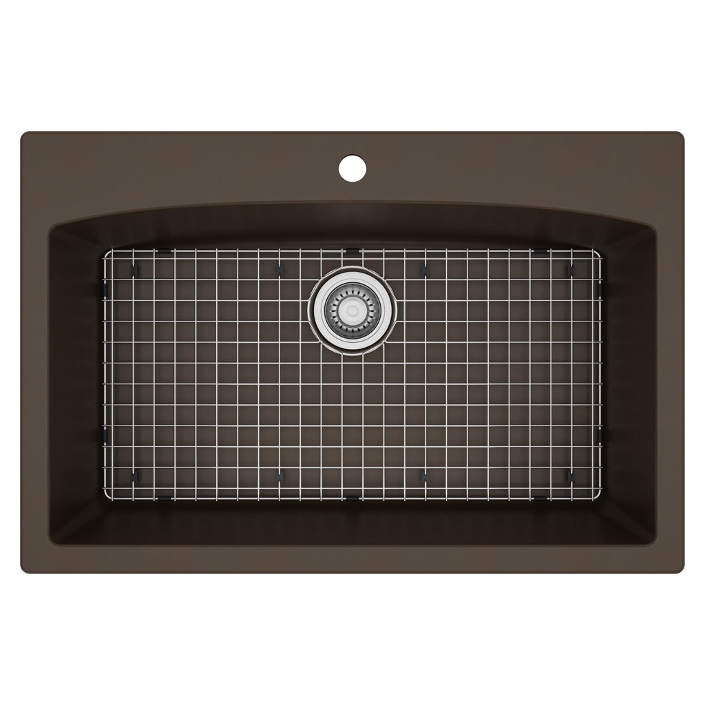 33" Top Mount Large Single Bowl Quartz Composite Kitchen Sink Kit In Brown