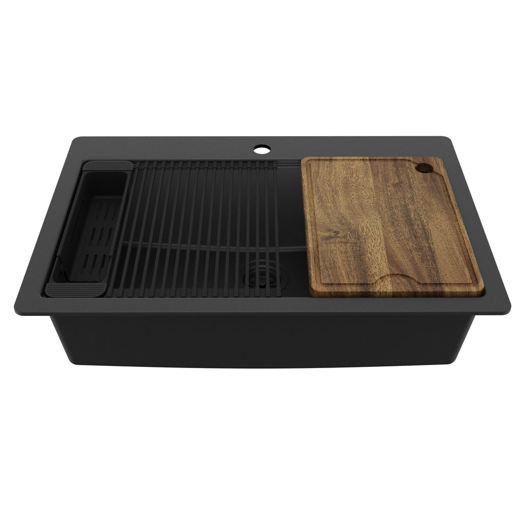 33" Top Mount Single Bowl Quartz Kitchen Sink Kit In Black