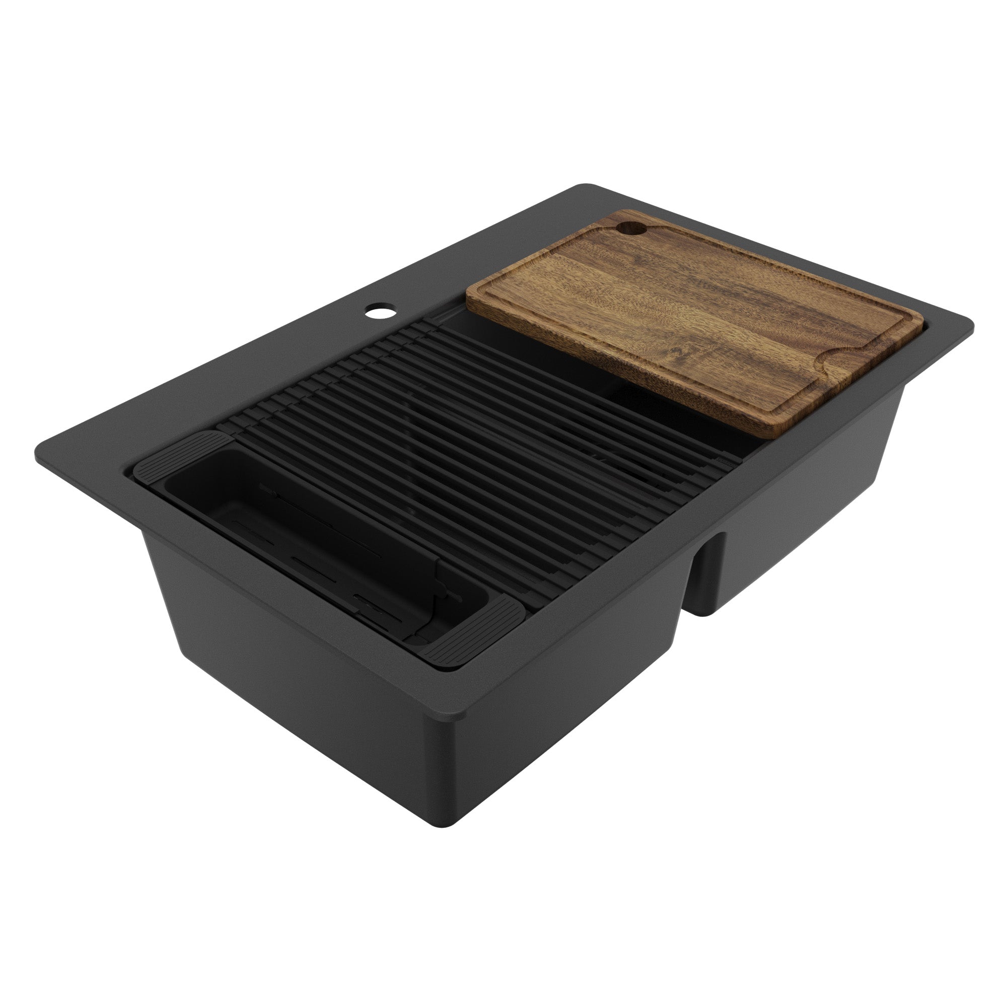 33" Top Mount Double Bowl Quartz Kitchen Sink Kit In Black