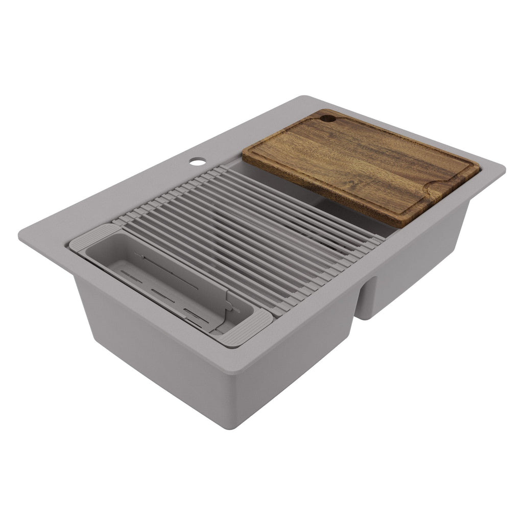 33" Top Mount Double Bowl Quartz Kitchen Sink Kit In Grey