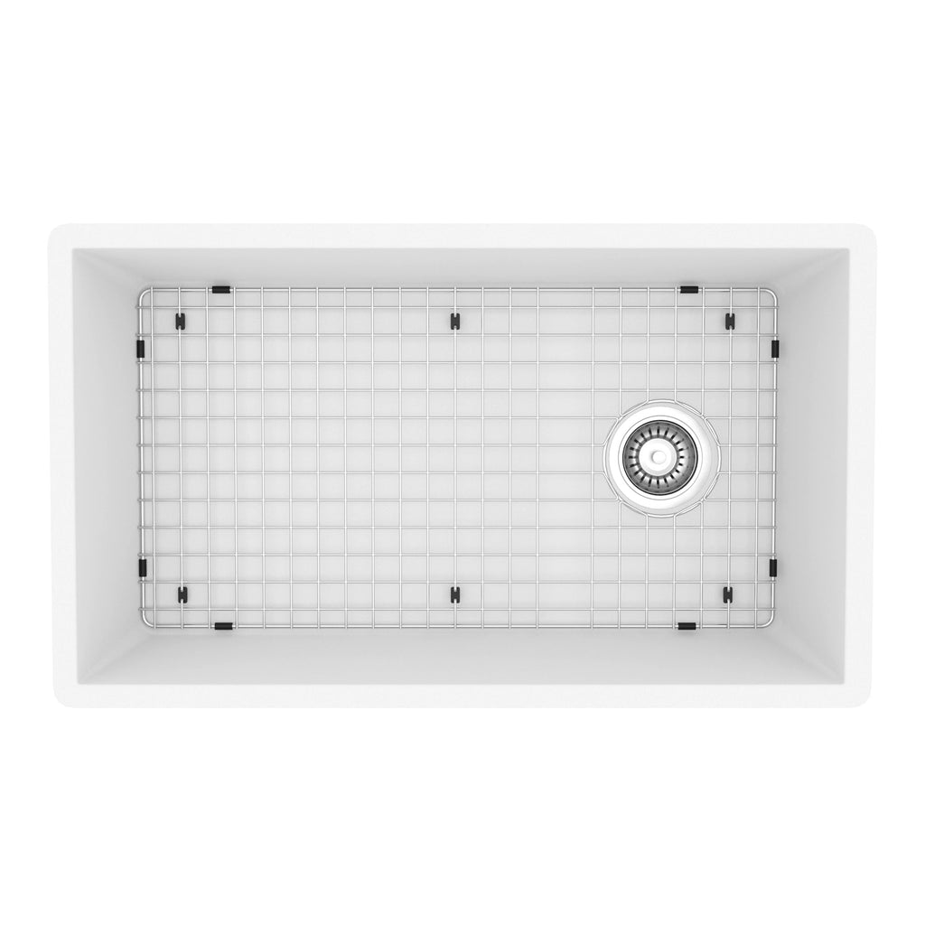 31-5/8" Undermount Large Single Bowl Quartz Composite Kitchen Sink Kit In White