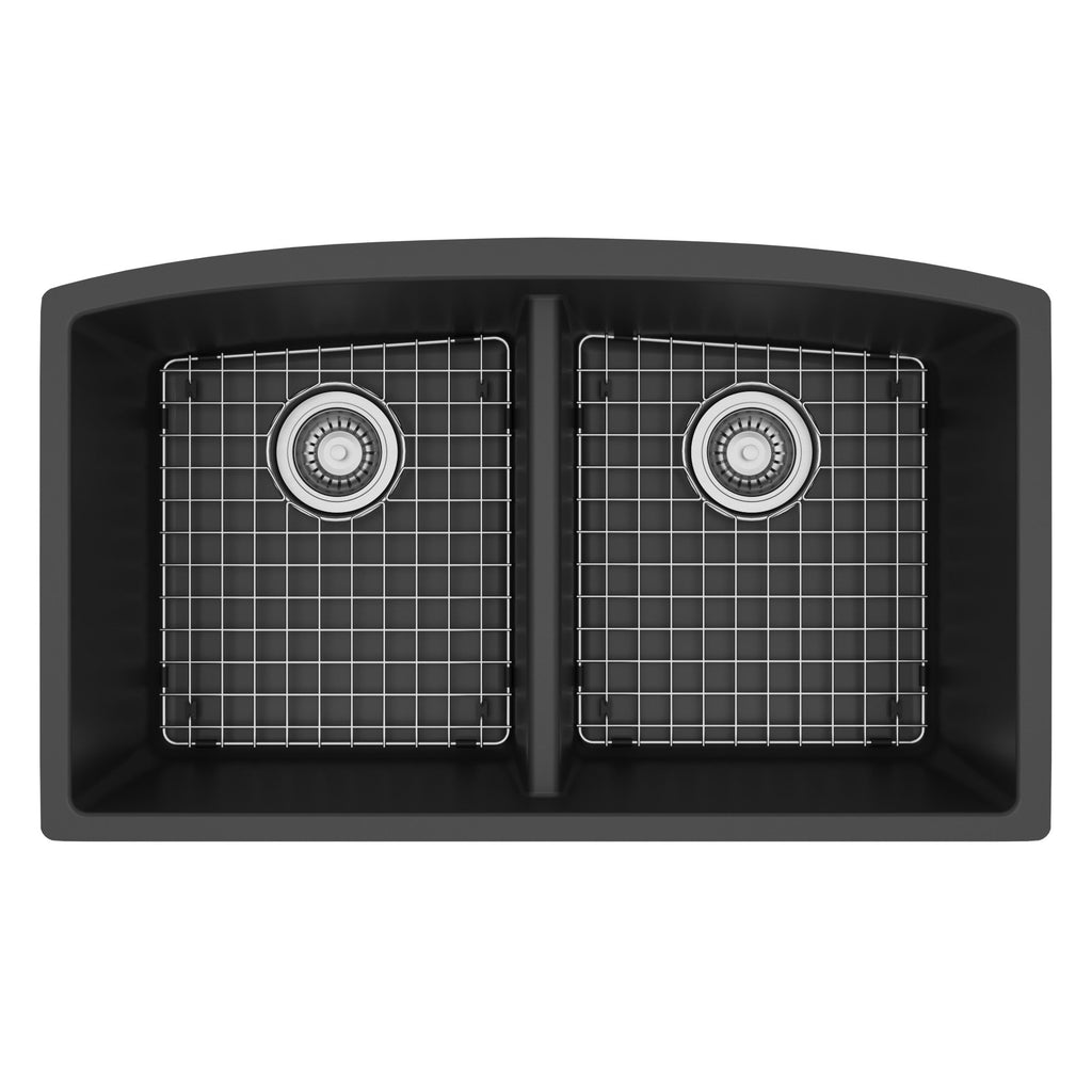 32-1/2" Undermount Double Equal Bowl Quartz Composite Kitchen Sink Kit In Black