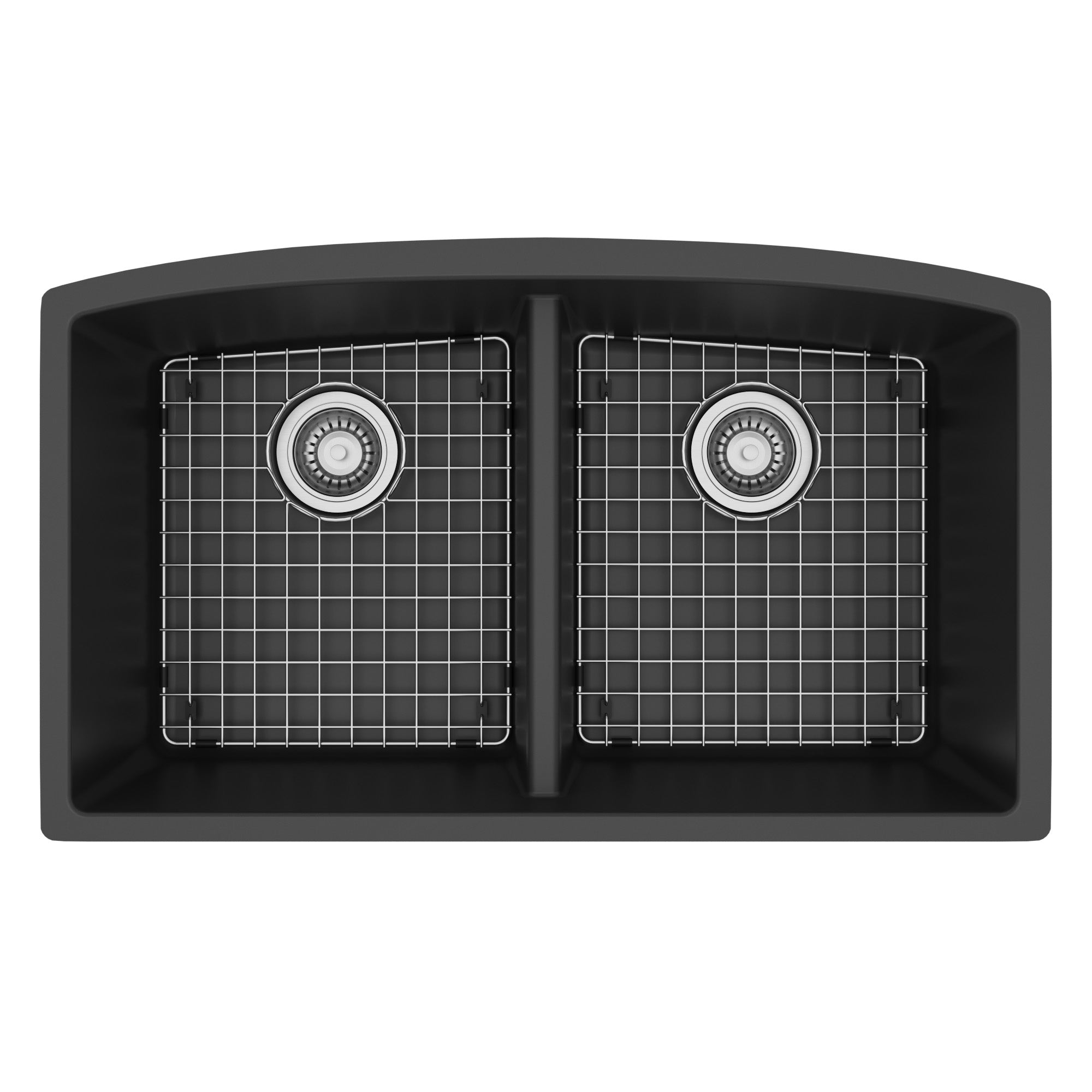 32-1/2" Undermount Double Equal Bowl Quartz Composite Kitchen Sink Kit In Black