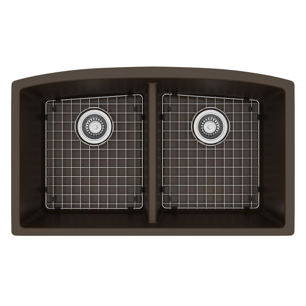 32-1/2" Undermount Double Equal Bowl Quartz Composite Kitchen Sink Kit In Brown