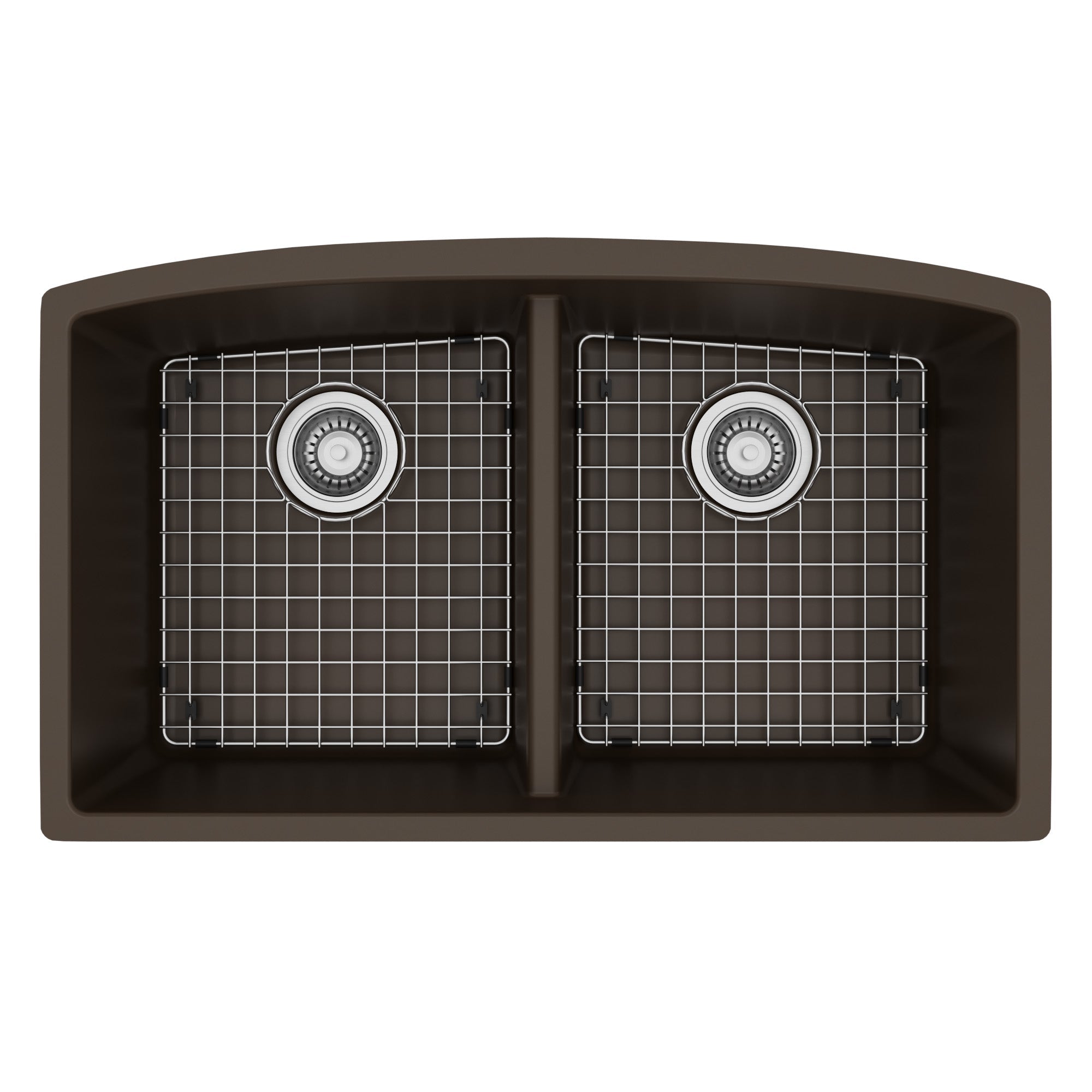 32-1/2" Undermount Double Equal Bowl Quartz Composite Kitchen Sink Kit In Brown