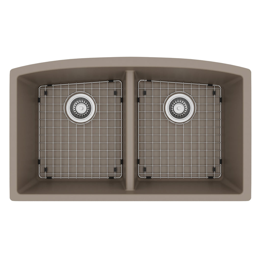 32-1/2" Undermount Double Equal Bowl Quartz Composite Kitchen Sink Kit In Concrete