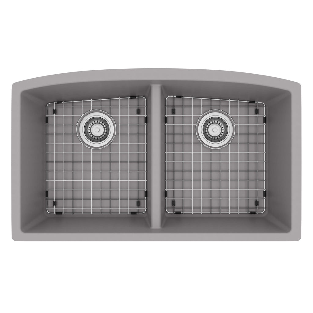 32-1/2" Undermount Double Equal Bowl Quartz Composite Kitchen Sink Kit In Grey