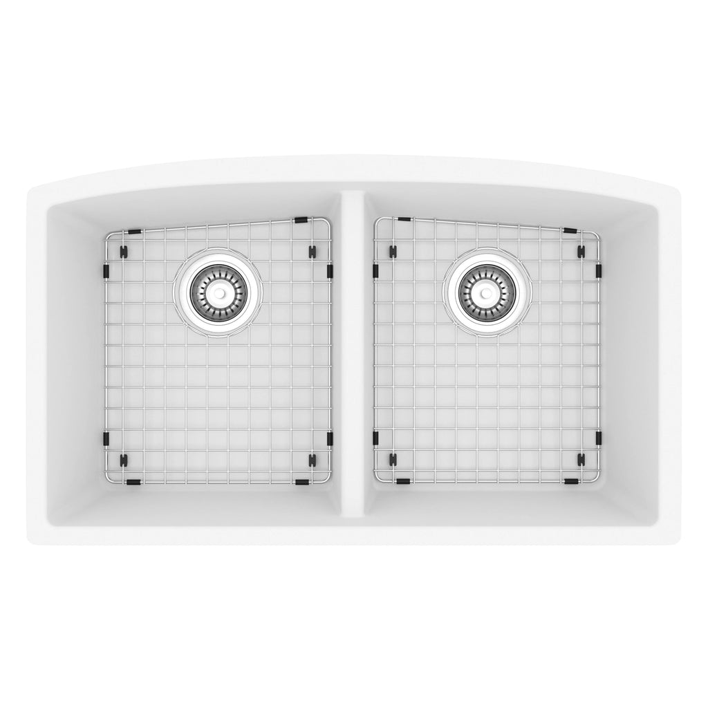 32-1/2" Undermount Double Equal Bowl Quartz Composite Kitchen Sink Kit In White