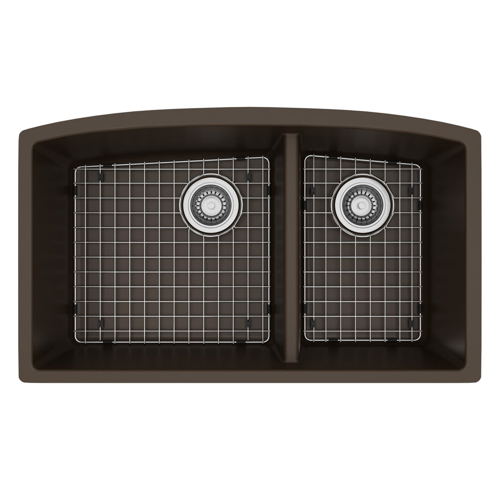 32-1/2" Undermount Double Offset Bowl Quartz Composite Kitchen Sink Kit In Brown