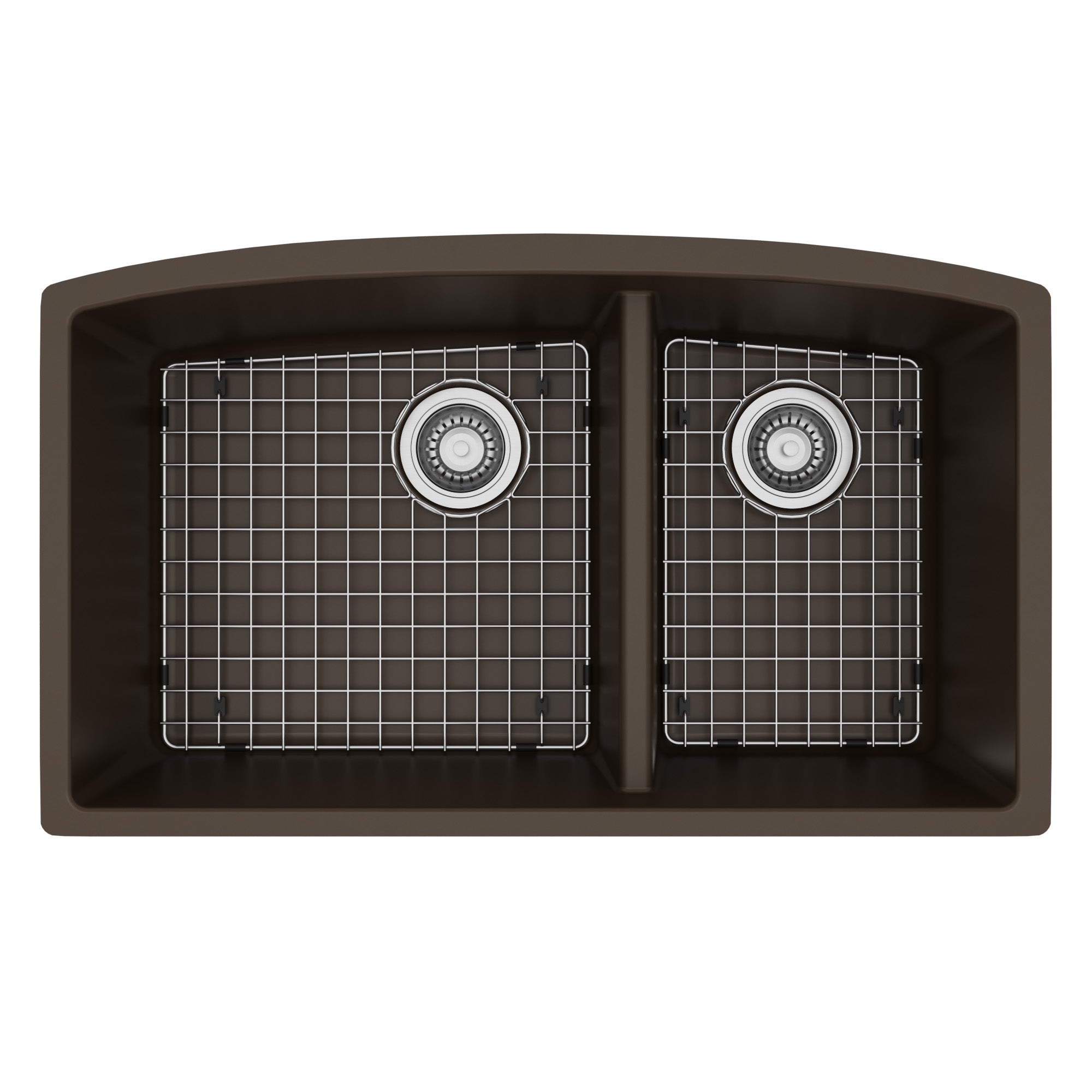 32-1/2" Undermount Double Offset Bowl Quartz Composite Kitchen Sink Kit In Brown