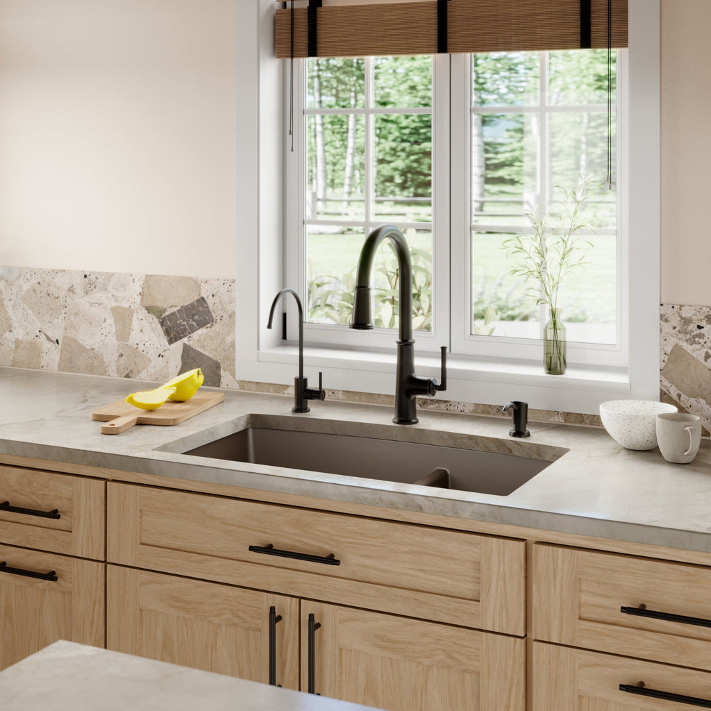 32-1/2" Undermount Double Offset Bowl Quartz Composite Kitchen Sink In Brown