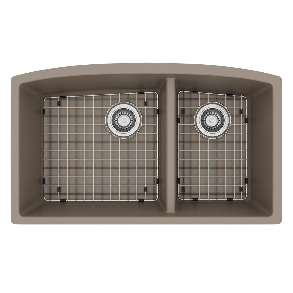 32-1/2" Undermount Double Offset Bowl Quartz Composite Kitchen Sink Kit In Concrete