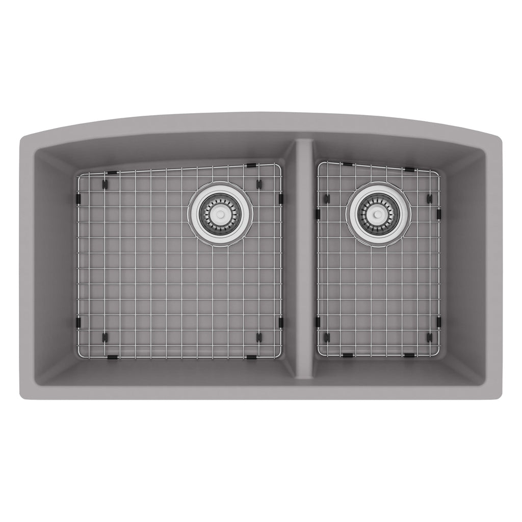 32-1/2" Undermount Double Offset Bowl Quartz Composite Kitchen Sink Kit In Grey