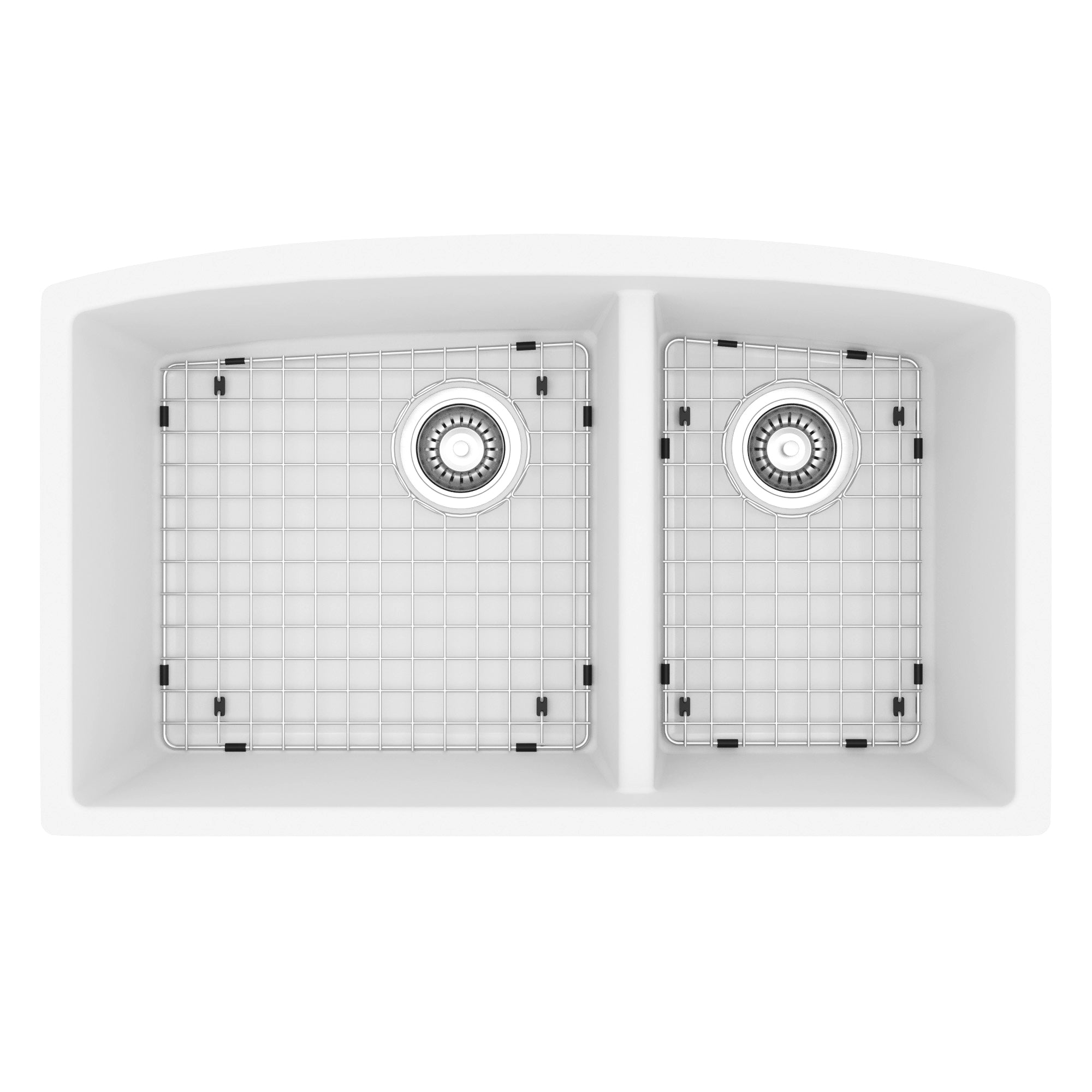 32-1/2" Undermount Double Offset Bowl Quartz Composite Kitchen Sink Kit In White