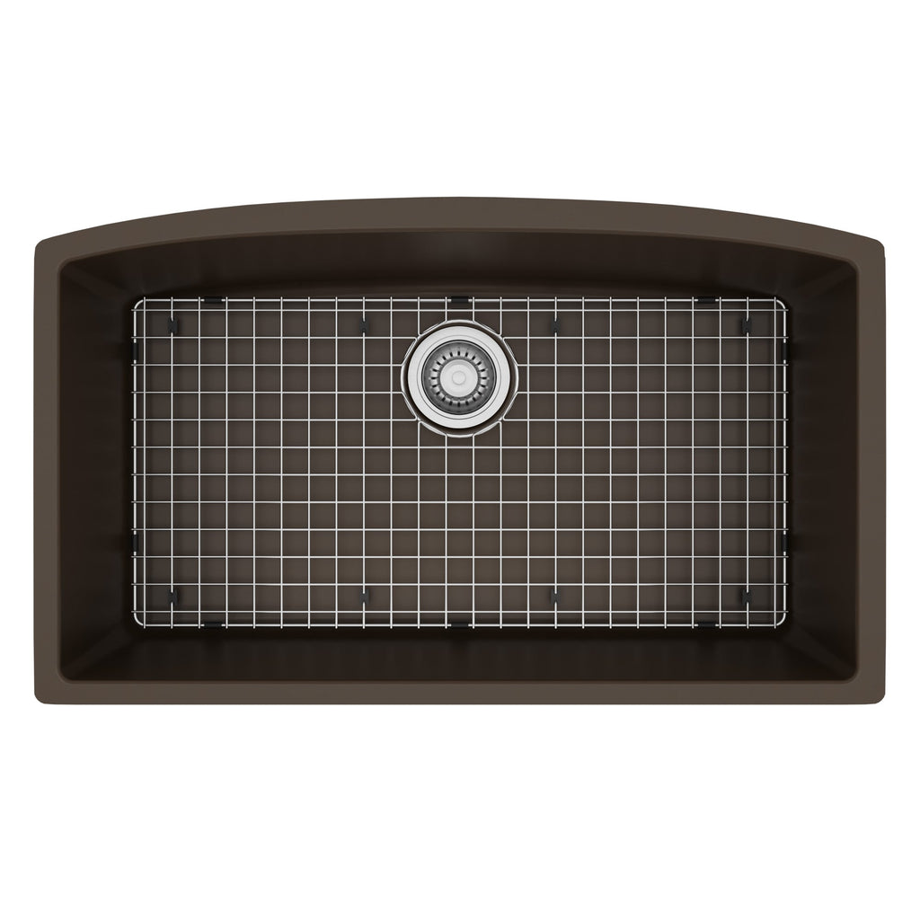32-1/2" Undermount Large Single Bowl Quartz Composite Kitchen Sink Kit In Brown