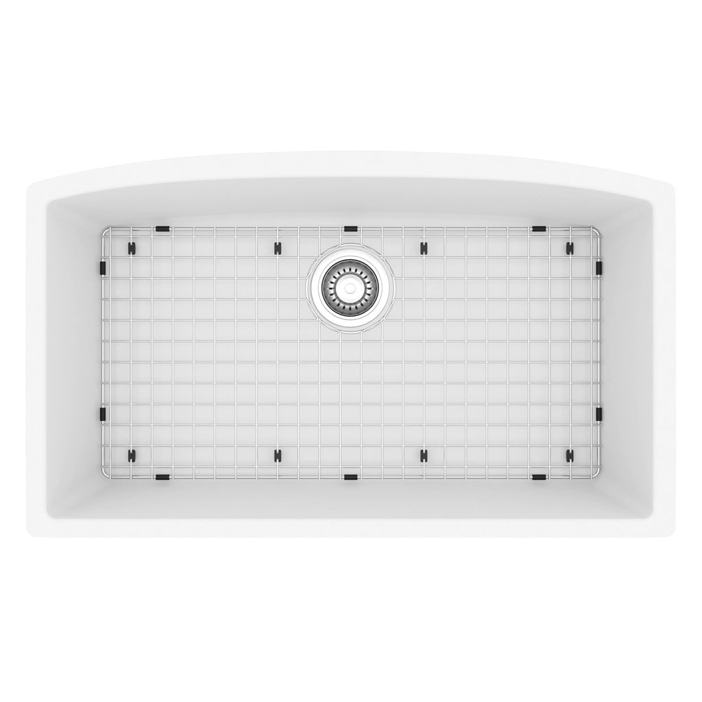 32-1/2" Undermount Large Single Bowl Quartz Composite Kitchen Sink Kit In White