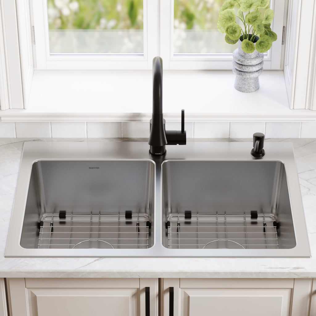 Lansen 33" Top Mount 18 Gauge Double Bowl Stainless Steel Sink with Accessories
