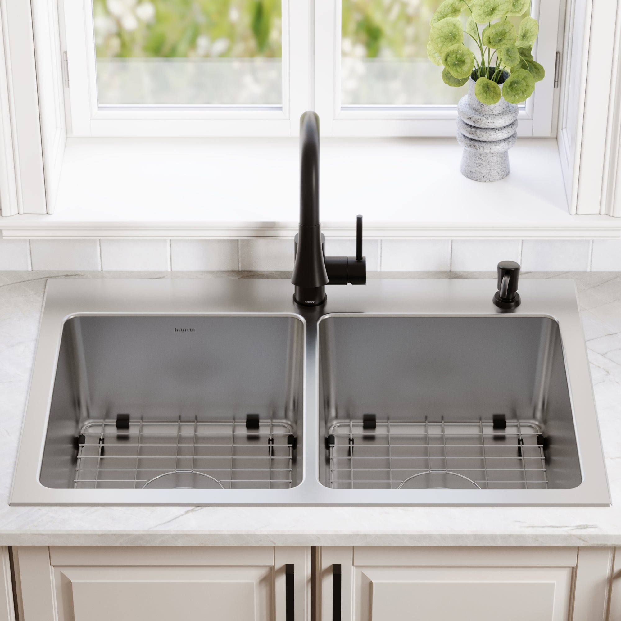 Lansen 33" Top Mount 18 Gauge Double Bowl Stainless Steel Sink with Accessories