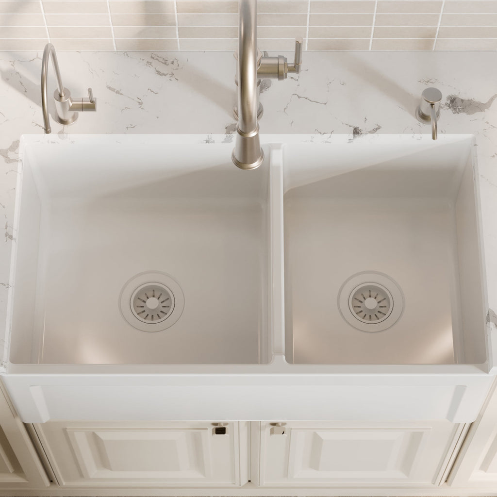 Fireclay 33" Reversible Apron Front Double Bowl Kitchen Sink In White