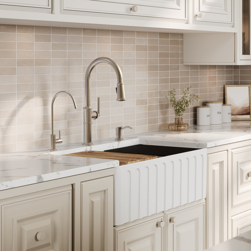 Fireclay 30" Reversible Apron Front Single Bowl Workstation Kitchen Sink In White