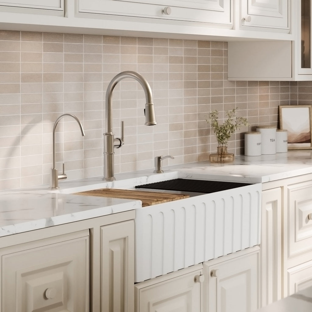 Fireclay 33" Reversible Apron Front Single Bowl Workstation Kitchen Sink In White