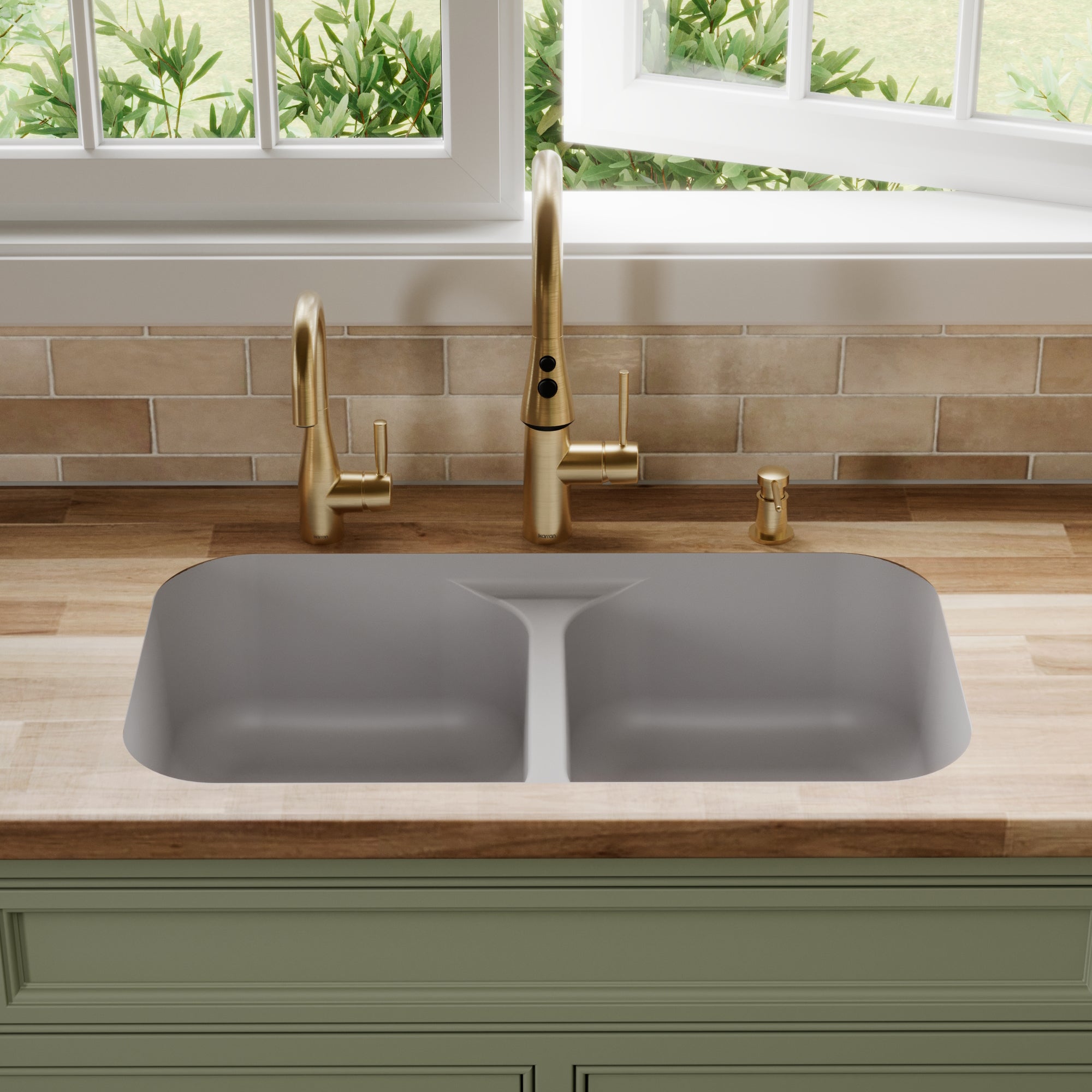 32-7/8" Seamless Undermount Doube Equal Bowl Quartz Composite Kitchen Sink In Grey
