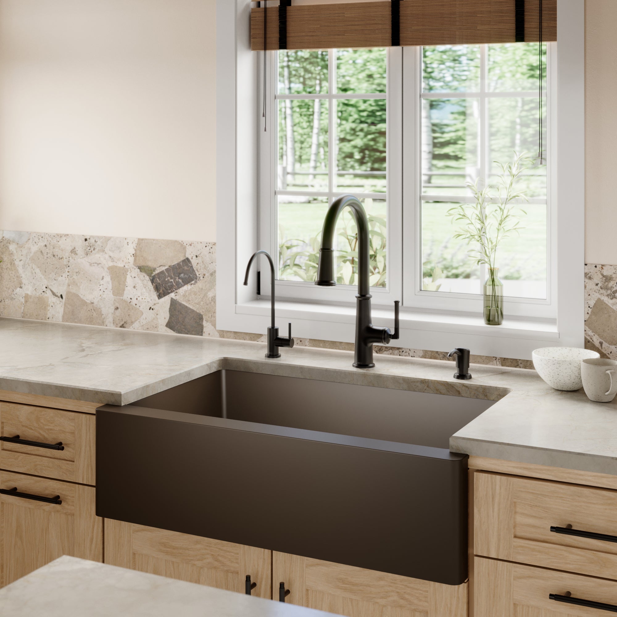 34" Farmhouse Large Single Bowl Quartz Composite Kitchen Sink Kit In Brown