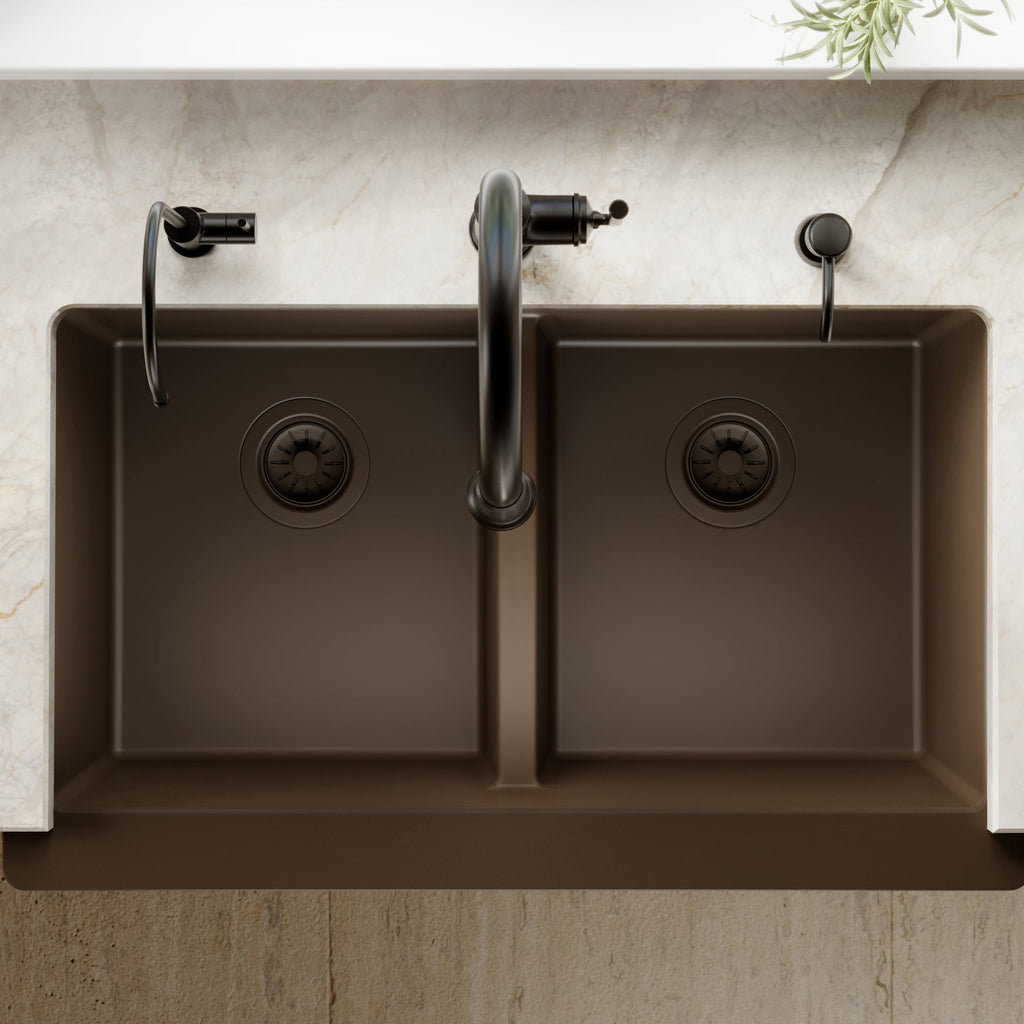 34" Farmhouse Double Equal Bowl Quartz Composite Kitchen Sink In Brown