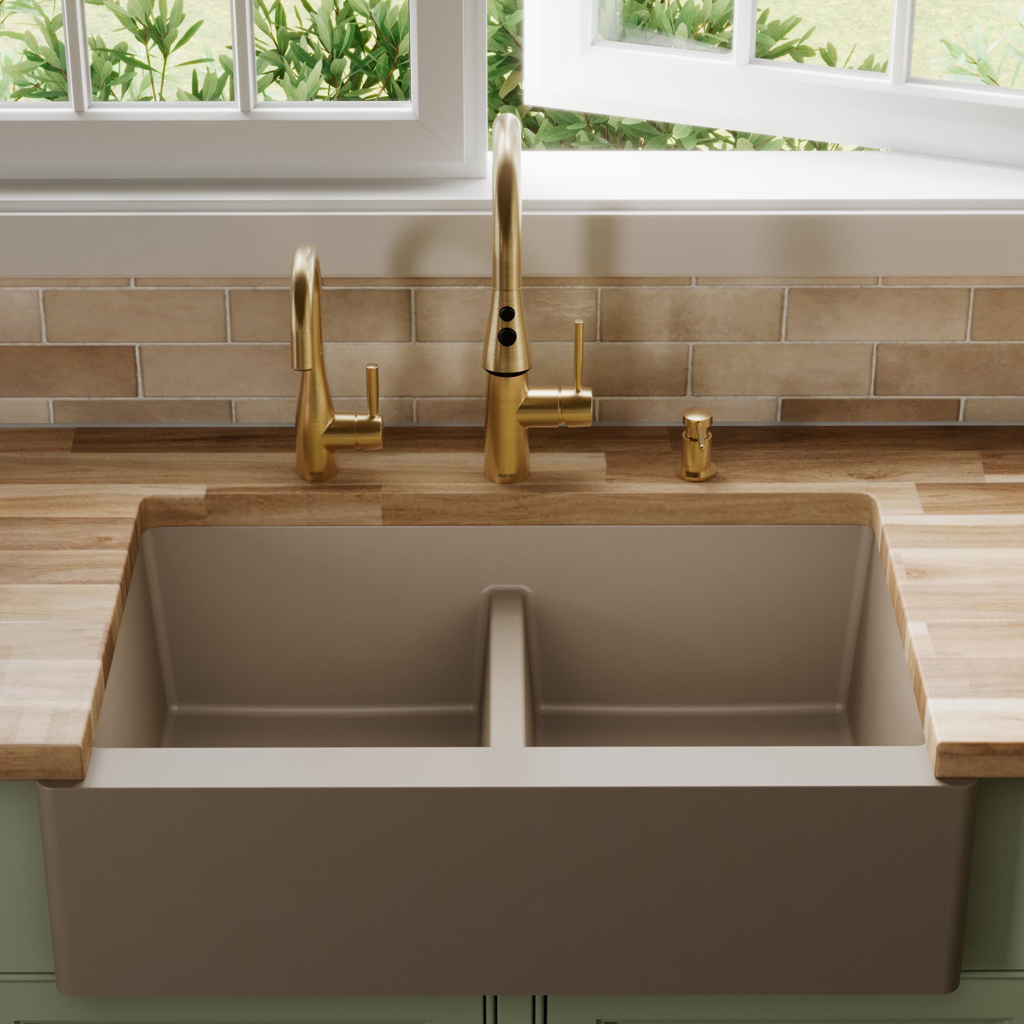 34" Farmhouse Double Equal Bowl Quartz Composite Kitchen Sink In Concrete