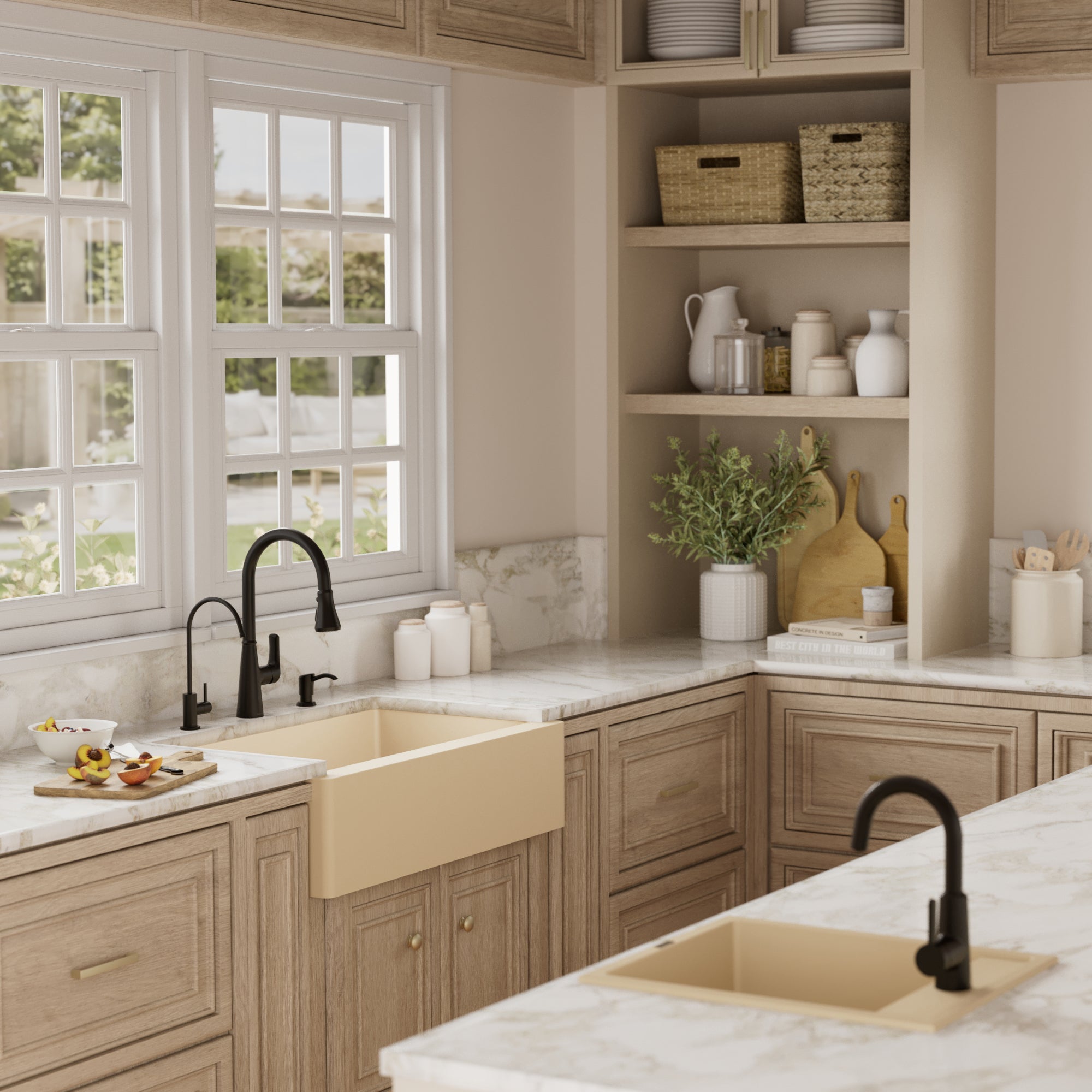34" Farmhouse Double Offset Bowl Quartz Composite Kitchen Sink Kit In Bisque