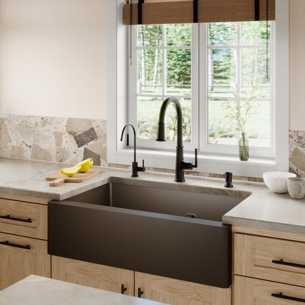 34" Farmhouse Double Offset Bowl Quartz Composite Kitchen Sink Kit In Brown