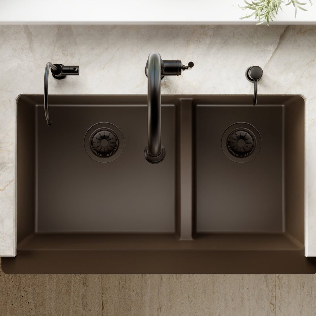 34" Farmhouse Double Offset Bowl Quartz Composite Kitchen Sink In Brown