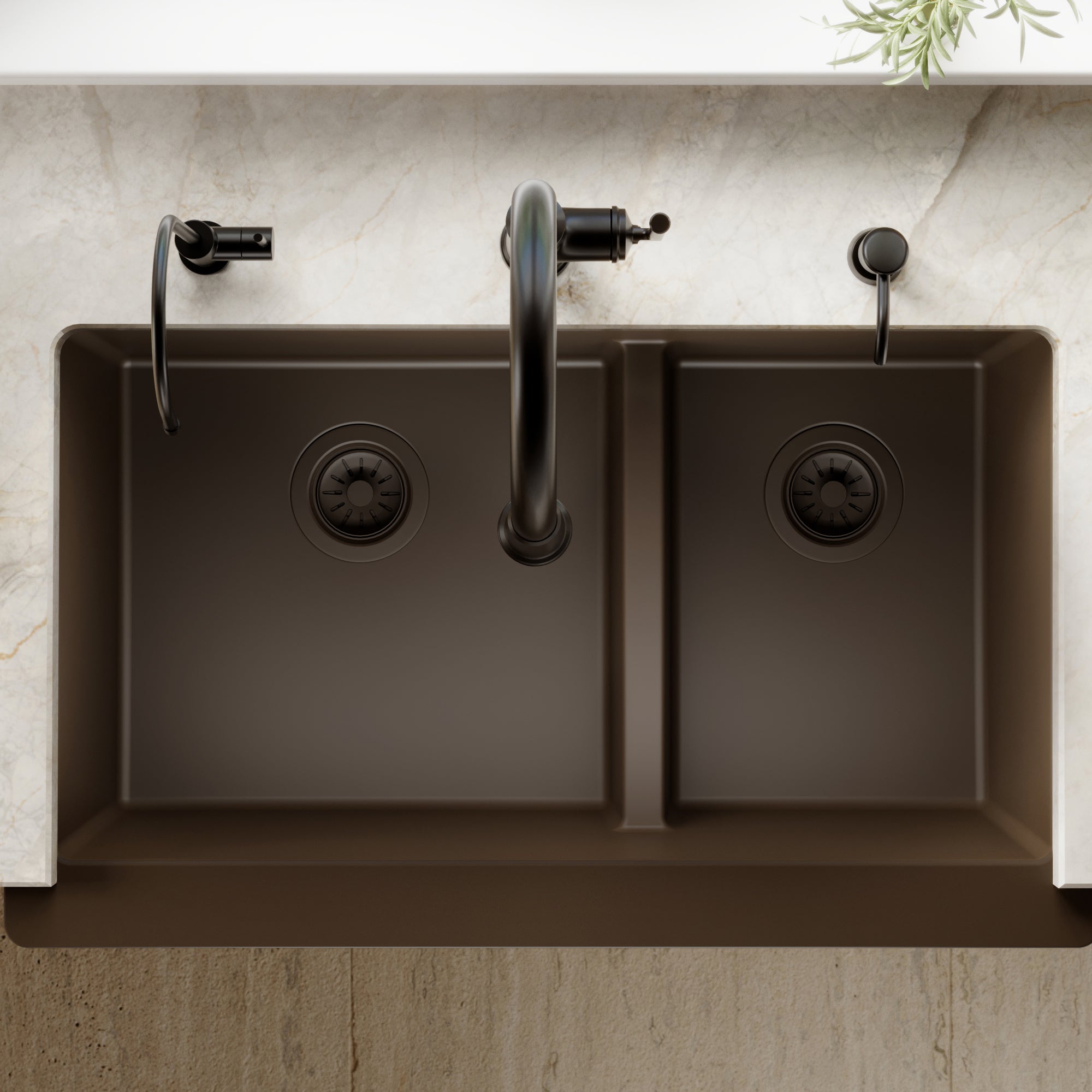 34" Farmhouse Double Offset Bowl Quartz Composite Kitchen Sink In Brown