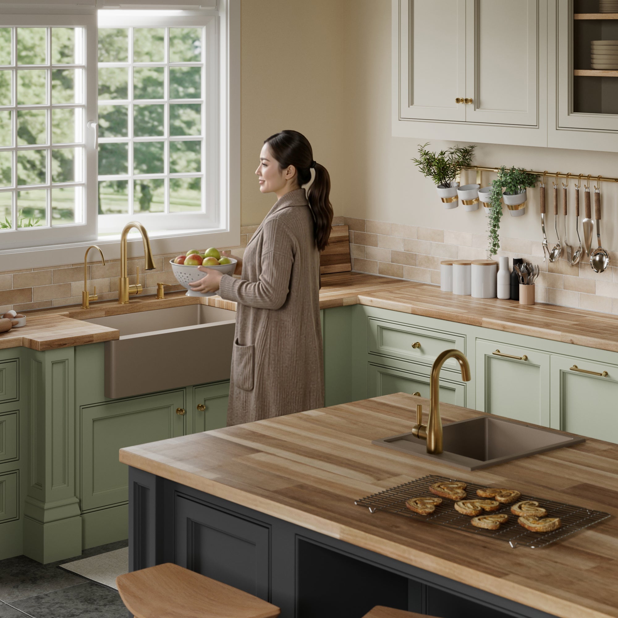 34" Farmhouse Double Offset Bowl Quartz Composite Kitchen Sink Kit In Concrete