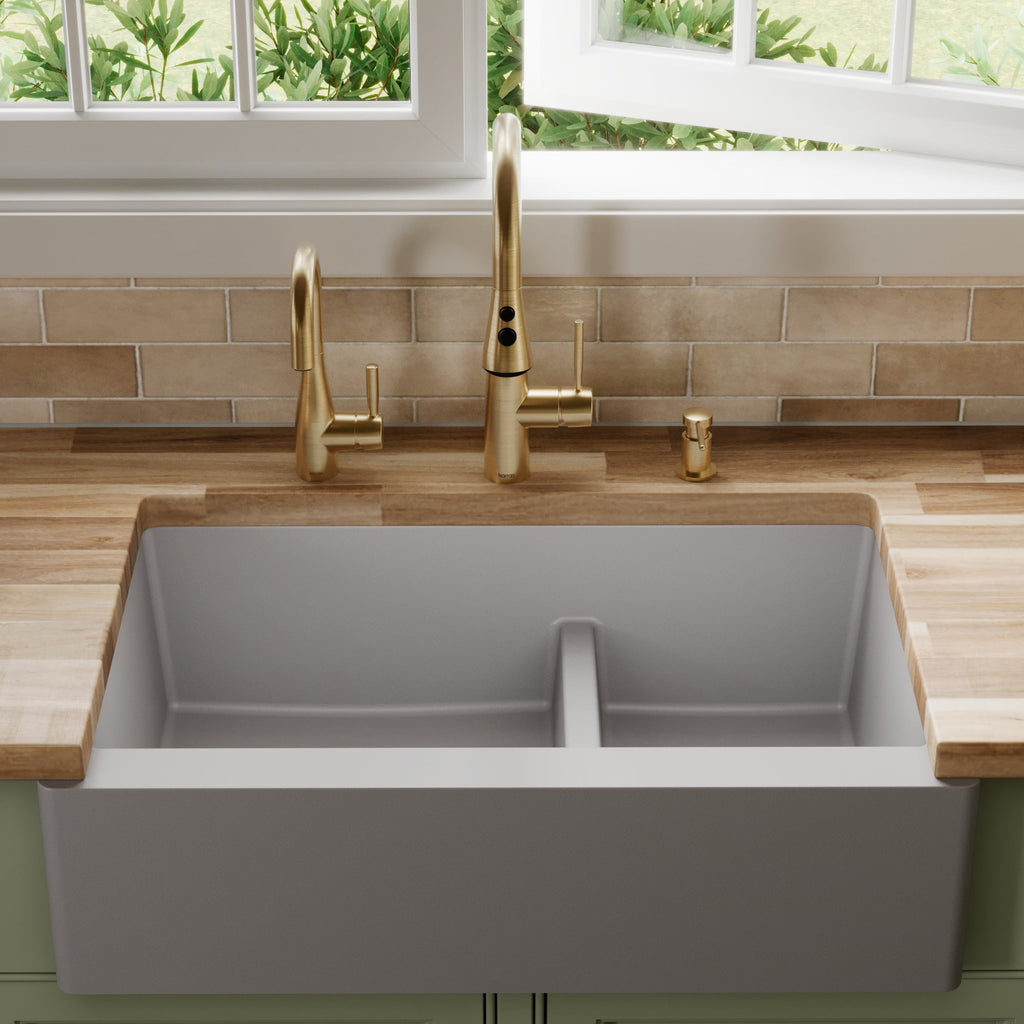 34" Farmhouse Double Offset Bowl Quartz Composite Kitchen Sink In Grey